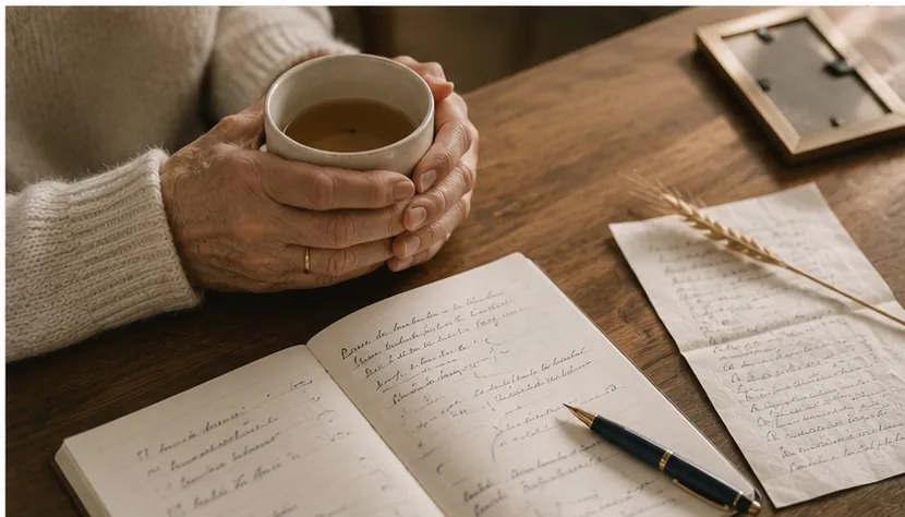 Close-up of a pair of older hands cradling a teacup over a walnut desk, gold band ring, cream knit sweater cuff, an open notebook of handwritten plans, a fountain pen at rest, and a single small framed photograph turned face-down