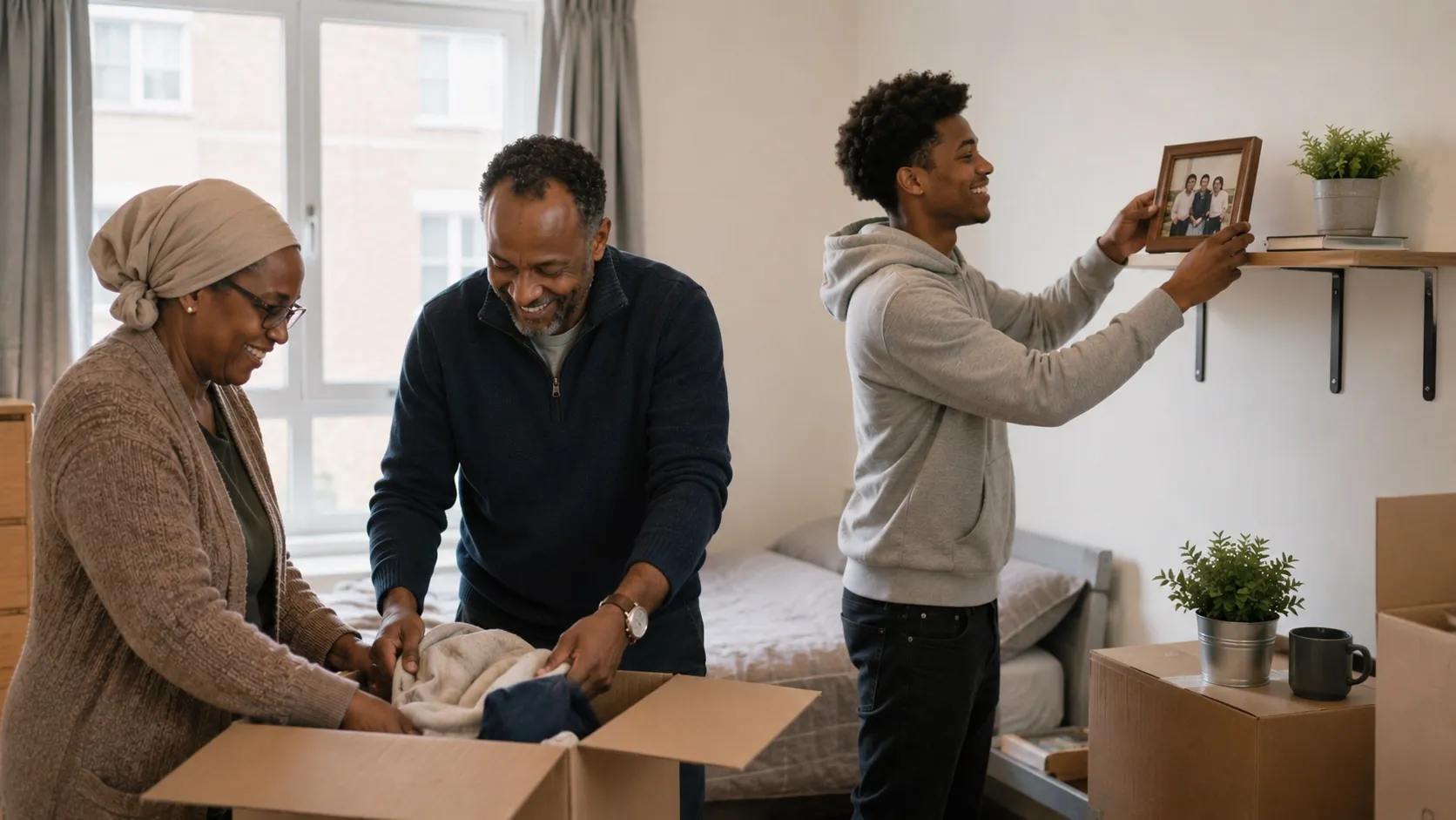 A multi-generational family helping a young relative move into a UK student flat, unpacking boxes together