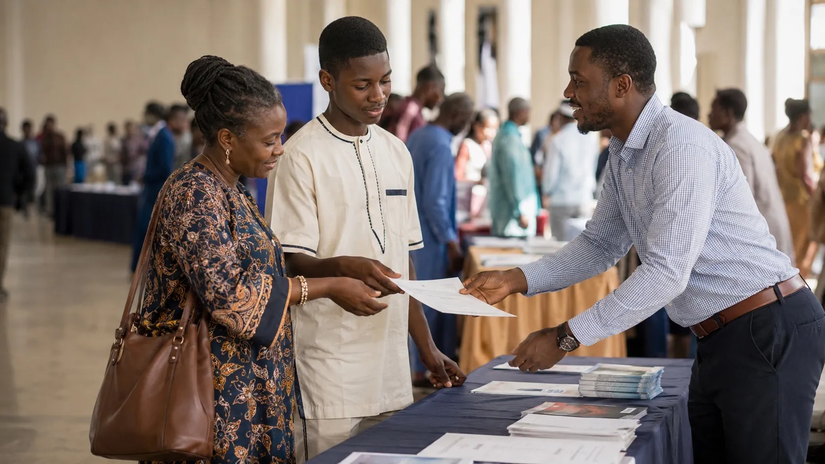 A GSOS education counsellor handing a printed flyer to a parent and student at a busy university fair