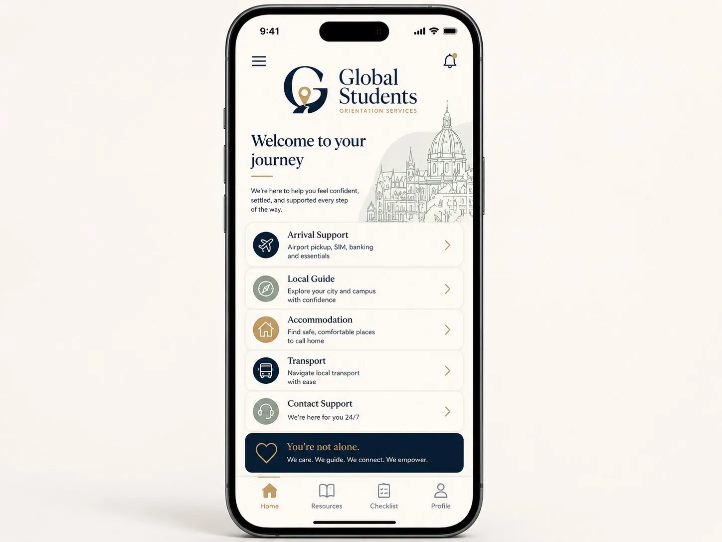 A phone showing the GSOS parent app — a welcome screen with arrival support, local guide, accommodation, transport, and contact support