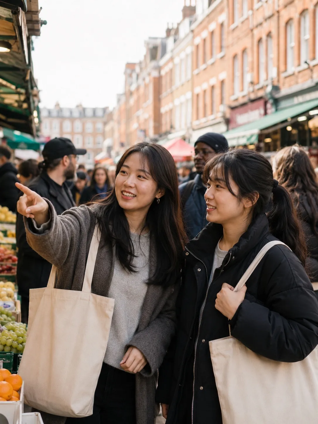 A GSOS host and a newly-arrived student exploring a lively London street market together, the host pointing something out