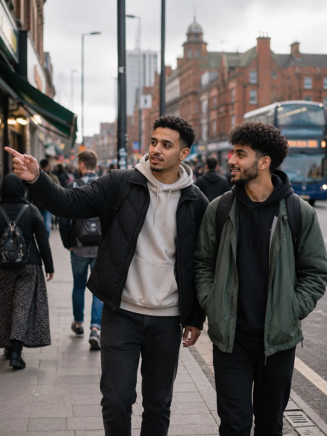 A GSOS host and a newly-arrived student walking together along a busy Manchester street near the university, the host gesturing toward a shop