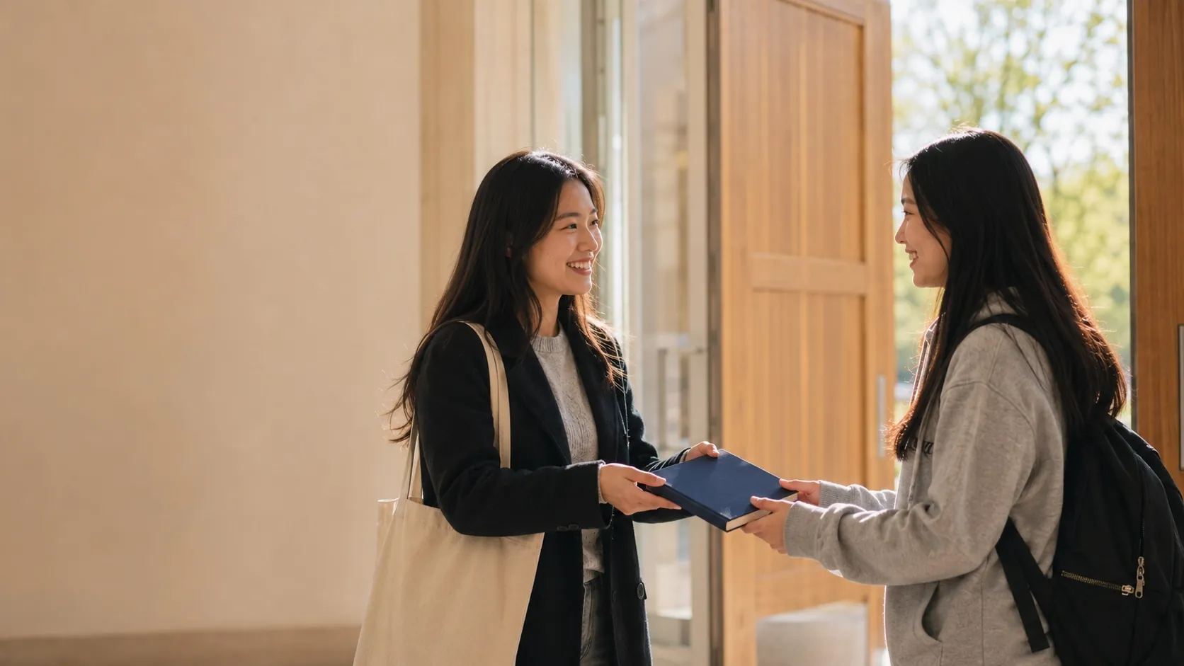 A GSOS host handing the printed Welcome Guide to a newly-arrived student at a sunlit university entrance