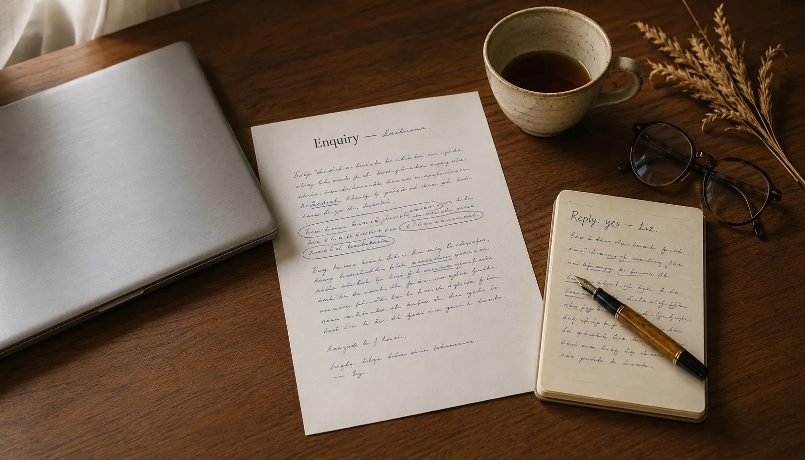 A walnut desk mid-task: a closed silver laptop, a printed enquiry annotated by hand in navy ink, a small notepad reading 'Reply yes — Liz', a fountain pen at rest, glasses, half-drunk tea, and a sprig of dried wheat