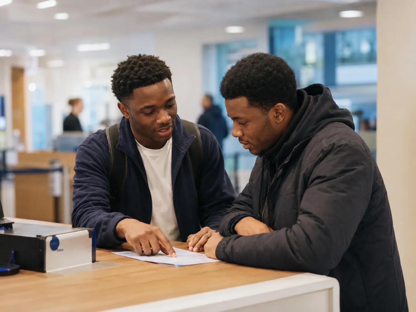 A GSOS host helping a newly-arrived student open a UK bank account at a high-street branch