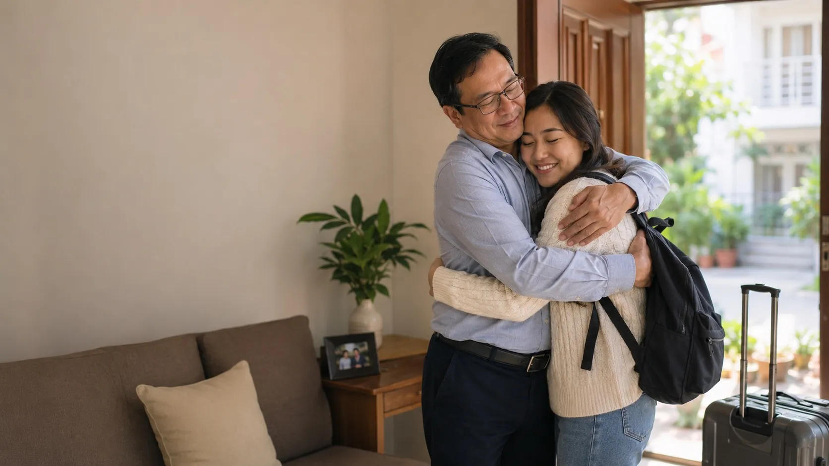 A father embracing his university-bound daughter in a warm goodbye at home, a packed suitcase beside them