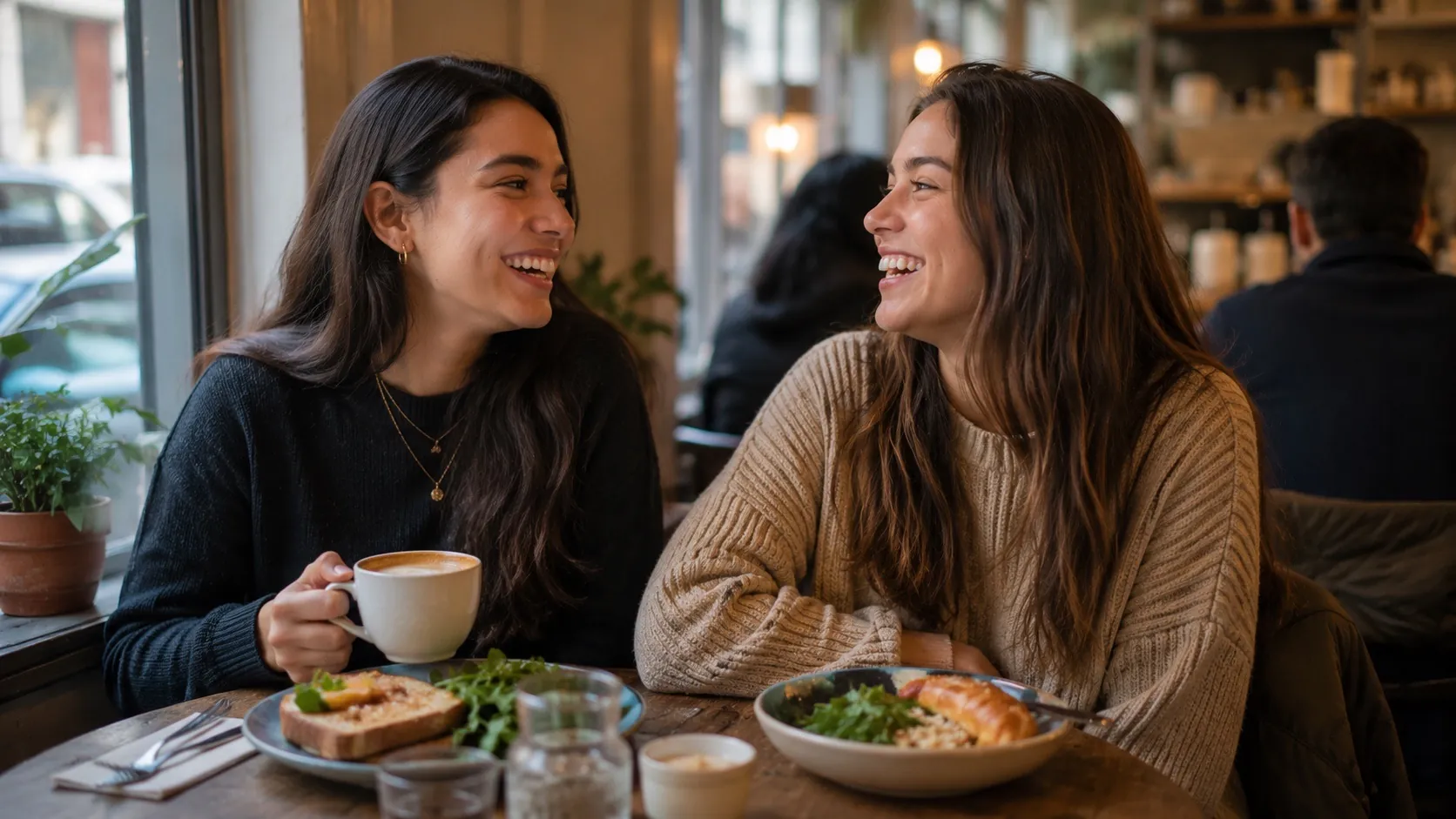 A GSOS host and a newly-arrived student laughing over a relaxed first meal at a UK café