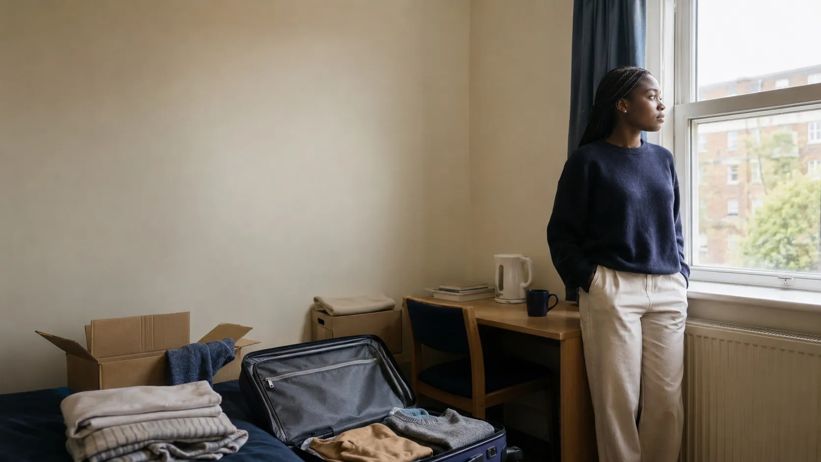 A newly-arrived student settling into her UK student room, looking out of the window