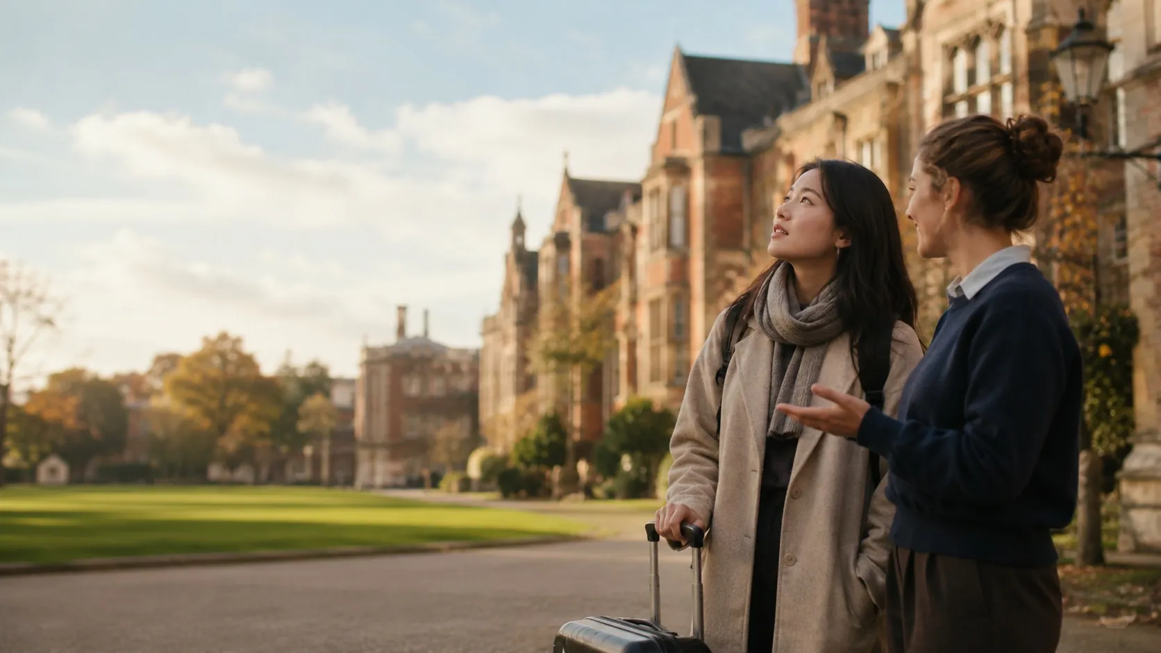 A GSOS host welcoming a newly-arrived student outside a British university building