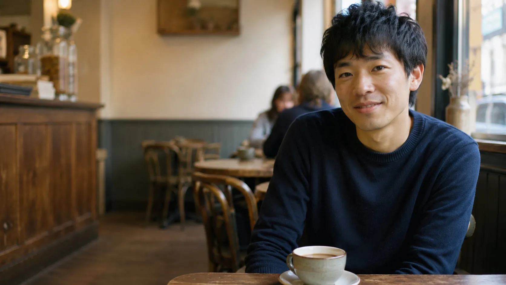 A friendly GSOS host smiling over a cup of tea in a British café