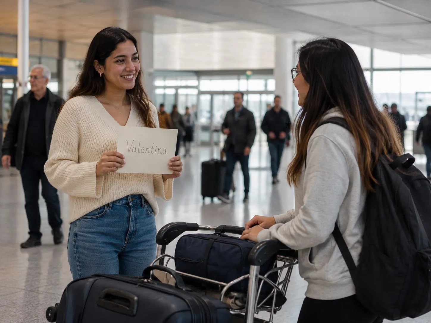 A GSOS host at airport arrivals holding a cream welcome card, greeting a newly-arrived student with a luggage trolley