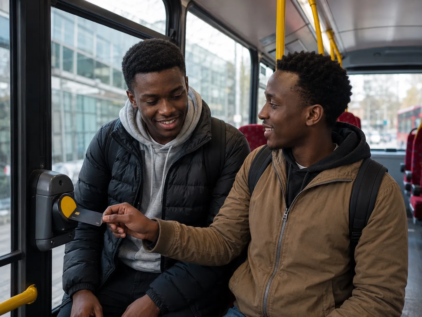 A GSOS host on a city bus showing a new student how to tap a contactless card on the reader