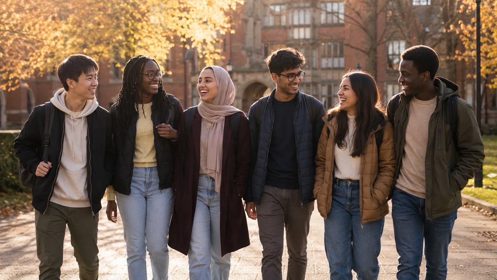 A diverse group of six international students of varied heritage walking together across a UK university campus, laughing