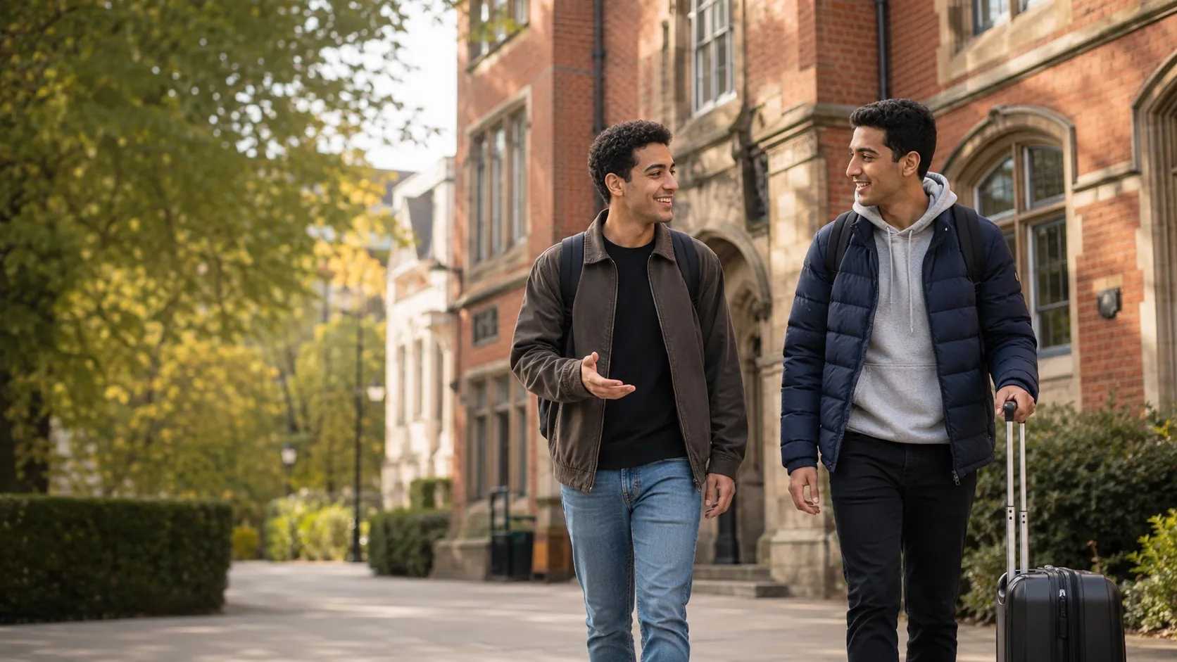 A GSOS host walking a newly-arrived student to campus, suitcase in hand, outside a red-brick British university building