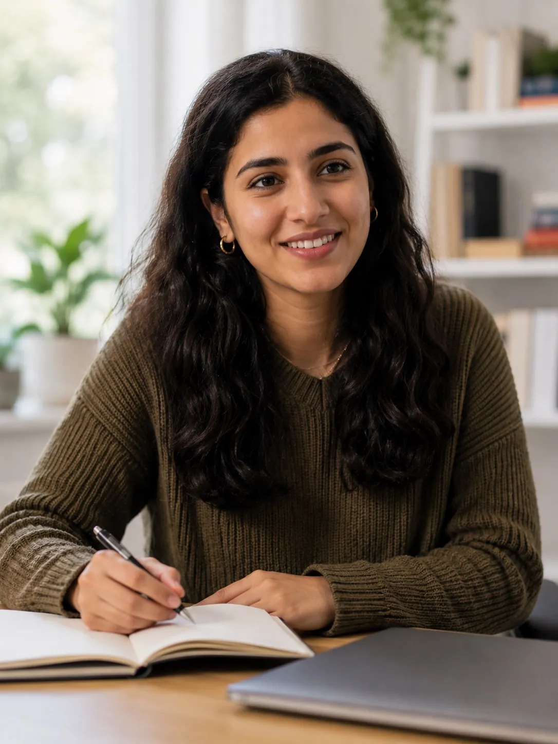 A GSOS host at her desk with a notebook, preparing to welcome a newly-assigned student