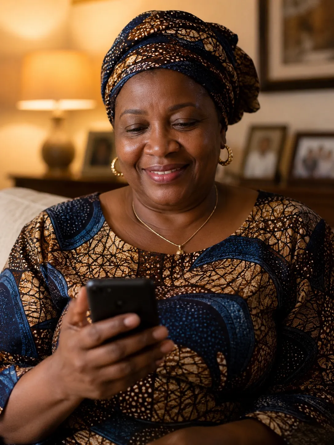A mother at home smiling with relief as she reads a safe-arrival update on her phone