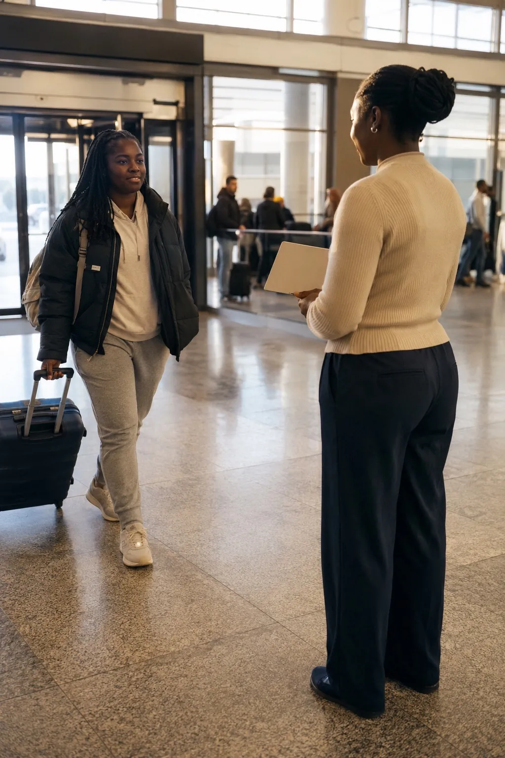 A GSOS host at the airport arrivals hall, viewed from behind, holding a welcome card as the student walks up to meet her with a suitcase