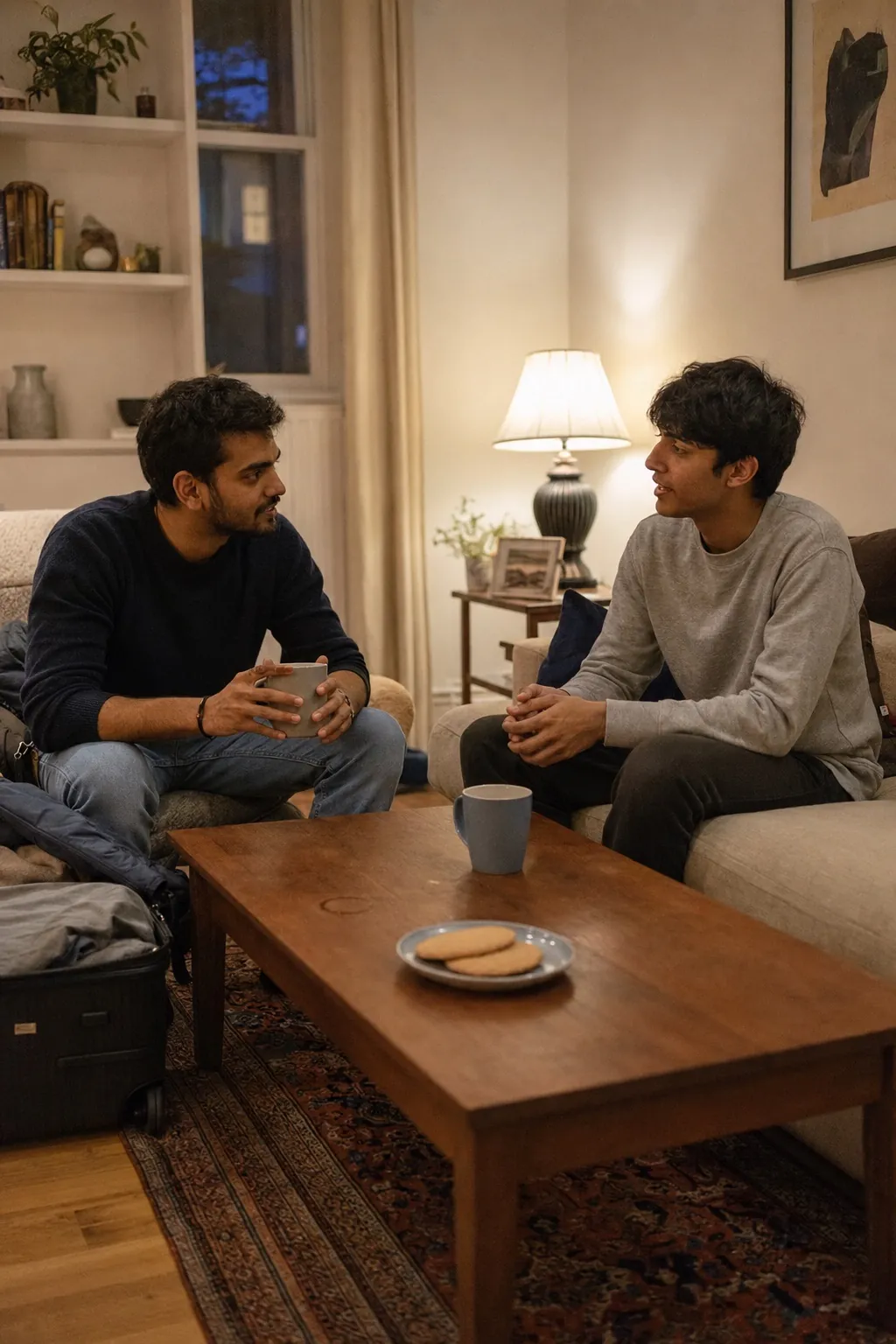 Host and student sitting over tea in a softly lit living room, the first evening after arrival