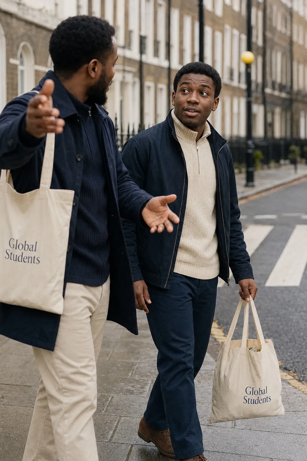 Host and student walking a London street together, GSOS canvas totes in hand, running the first week's errands