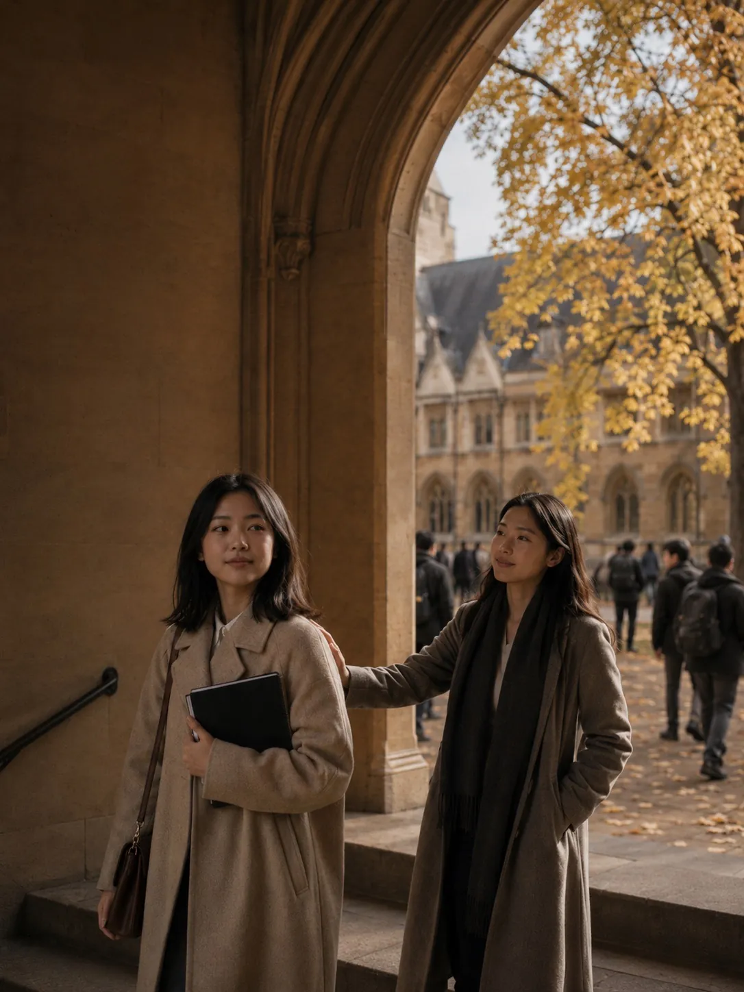 Student and host pausing under a college archway at the end of the week — the host's hand briefly on the student's shoulder, an autumn-leaved courtyard and other students passing in the background