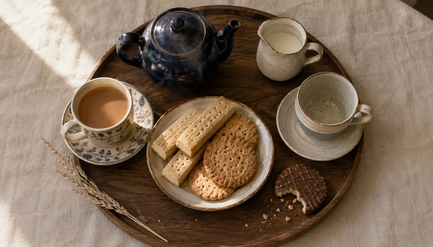 A wooden tea-tray on cream linen with a navy teapot, two unmatched teacups, a milk jug, and a plate of shortbread fingers, digestive biscuits, and a chocolate digestive — afternoon light