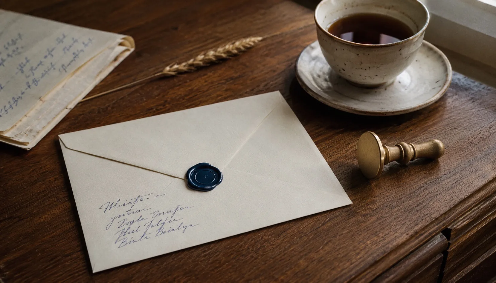 A cream envelope on a walnut desk sealed with a navy wax seal, a brass stamp resting beside it, a teacup and a sprig of dried wheat for warmth