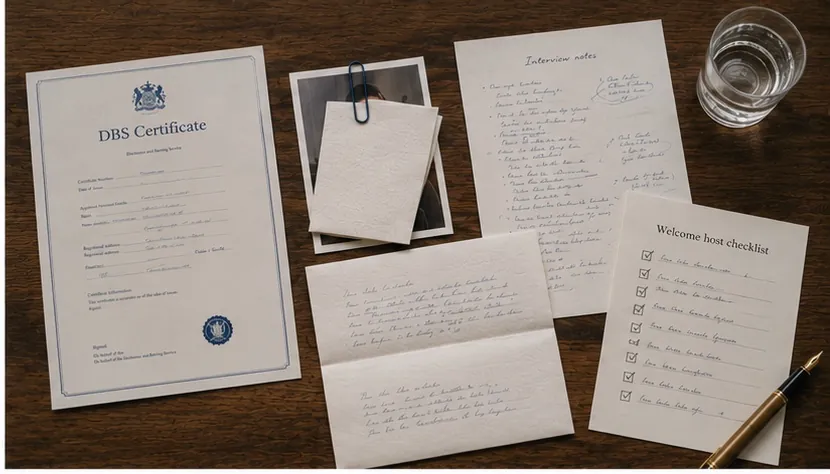 Overhead of a host vetting desk — a UK DBS certificate, an interview-notes page, a Welcome host checklist with ticked boxes, and a paperclipped host photograph deliberately blocked so no face is visible