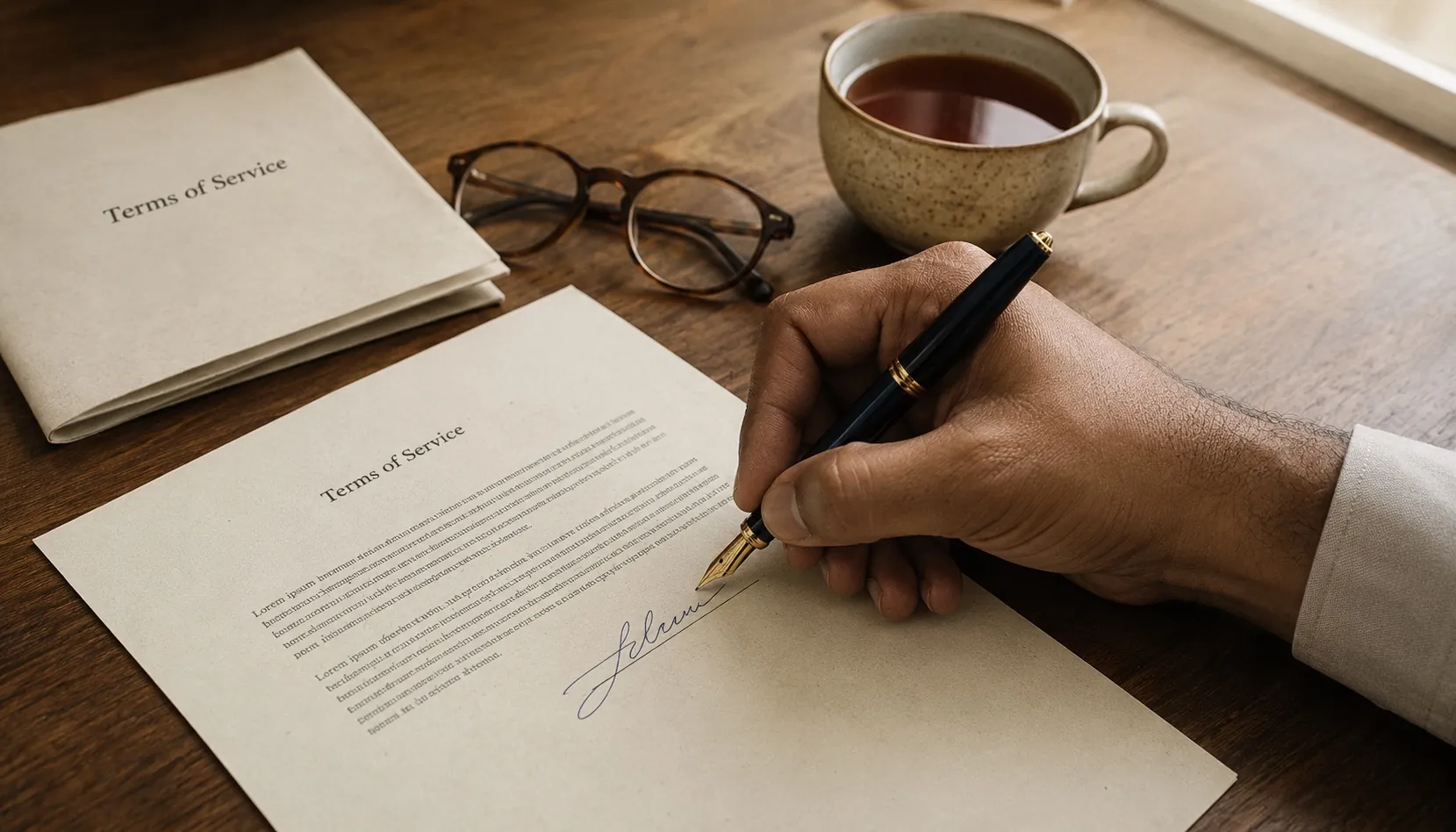 A South Asian hand mid-signature on a Terms of Service document, fountain pen flourishing the signature line, blue-and-white teacup and folded second copy of the document beside