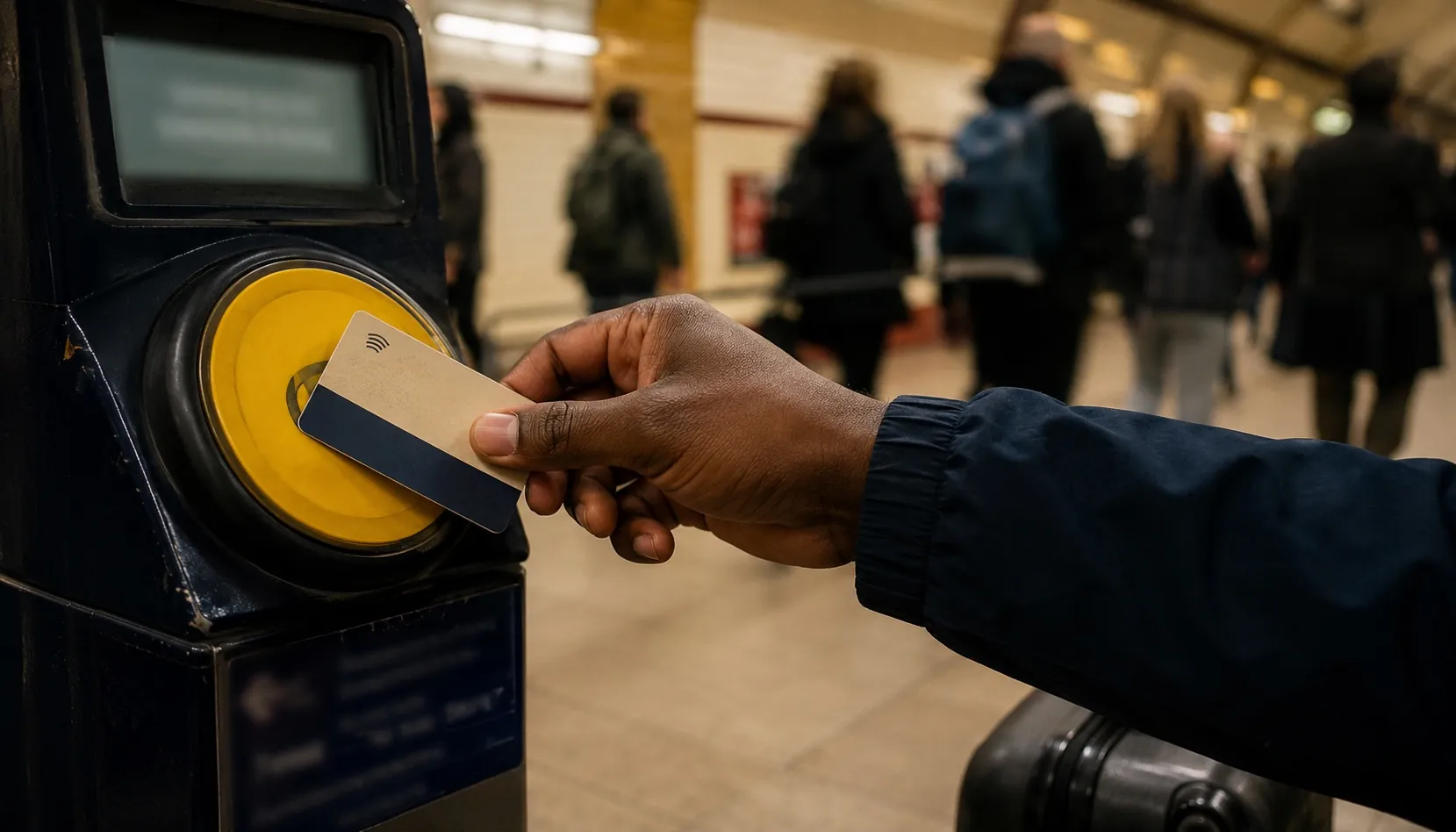 A hand holding a contactless bank card to a London tube gate reader, blurred commuters in the background
