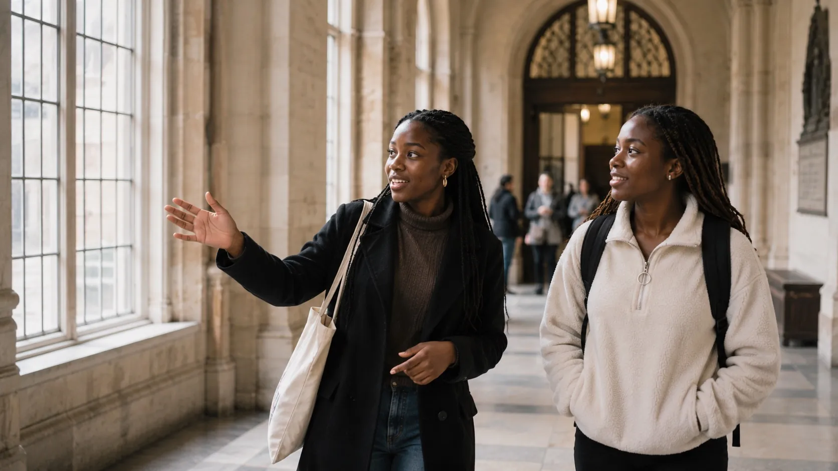 A GSOS host walking a newly-arrived student through a UK university building, showing them around