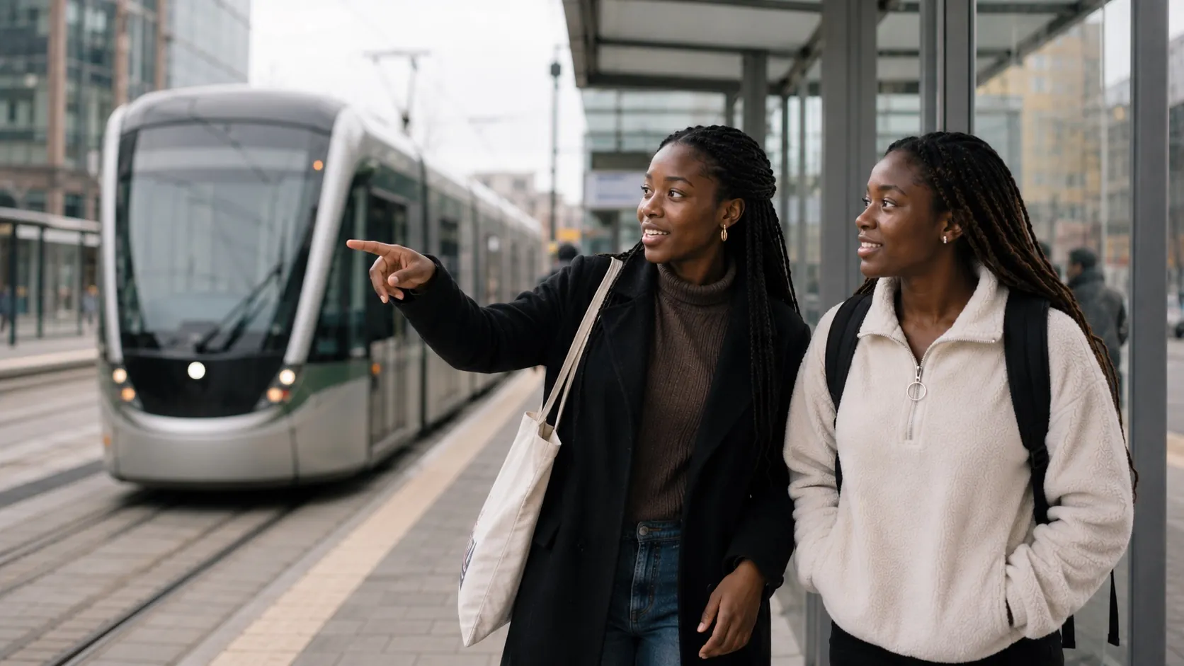 A GSOS host and a newly-arrived student on a UK tram platform, the host pointing out the route
