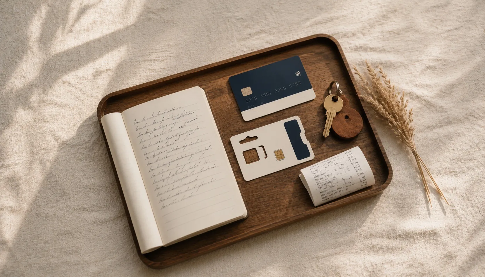 Overhead of a small wooden tray: an open notebook with addresses, a UK contactless debit card, a popped SIM, a brass key, and a sprig of dried wheat