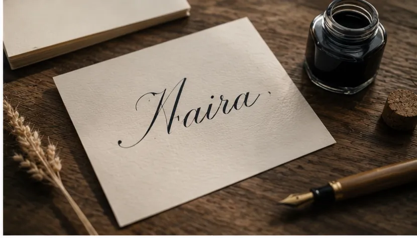 A cream cardstock welcome card lying flat on a walnut desk, the student's name written in elegant fountain-pen calligraphy, ink bottle and pen beside