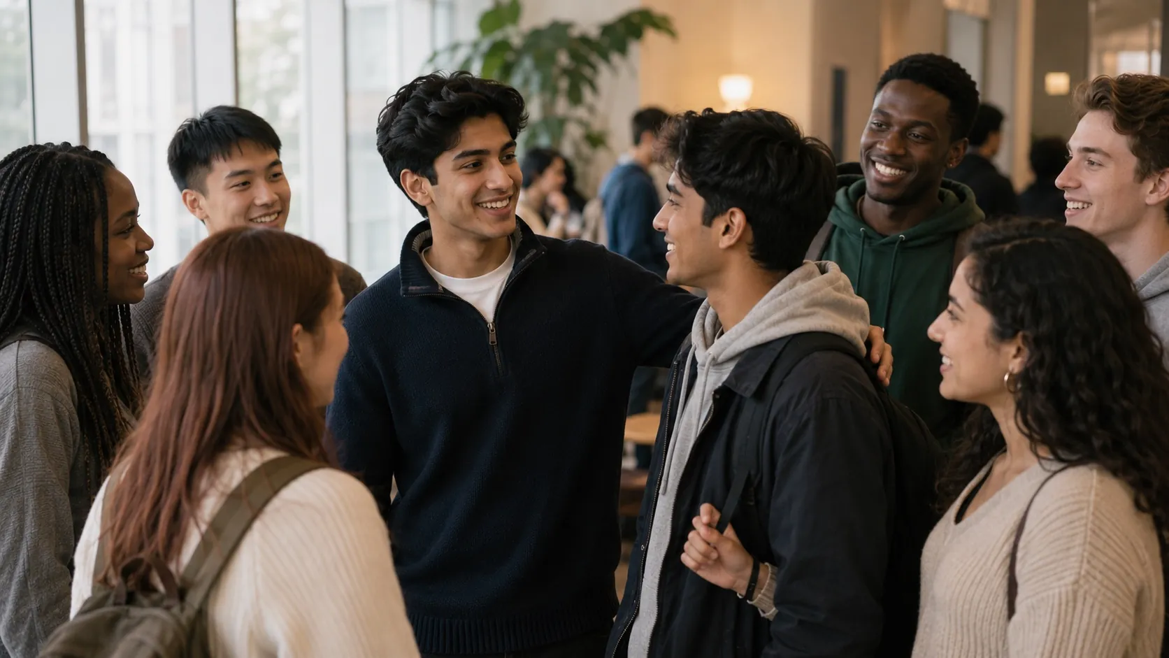 A GSOS host introducing a newly-arrived student into a warm, diverse group of fellow UK students