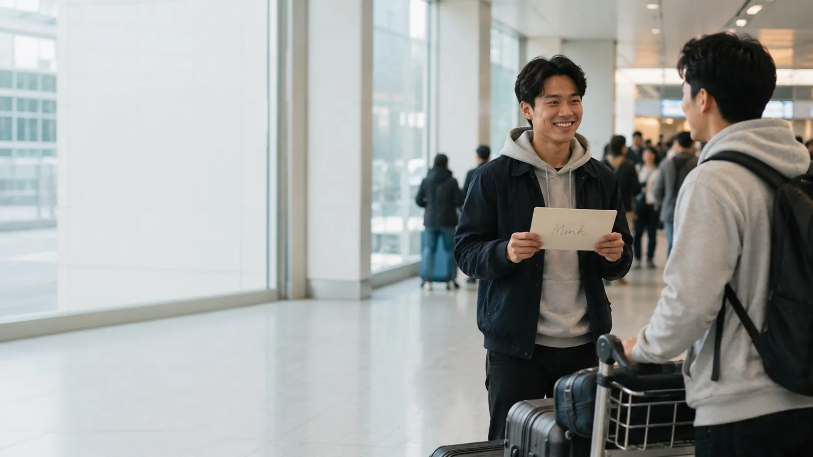 A GSOS host greeting a newly-arrived student at UK airport arrivals, holding a welcome card with the student's name