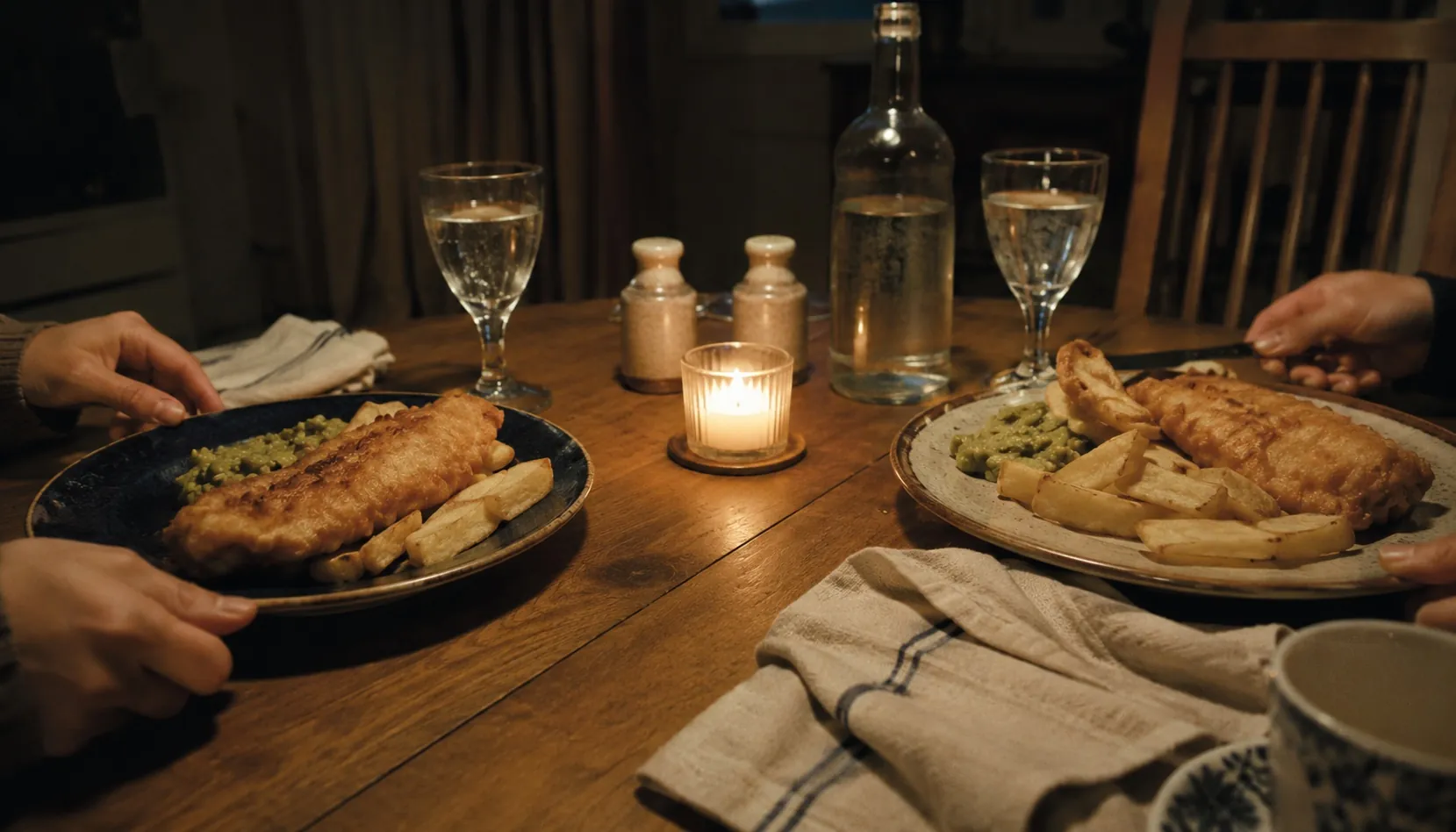 A wooden table set for two at the host's home — fish and chips on unmatched plates, a candle, warm evening light
