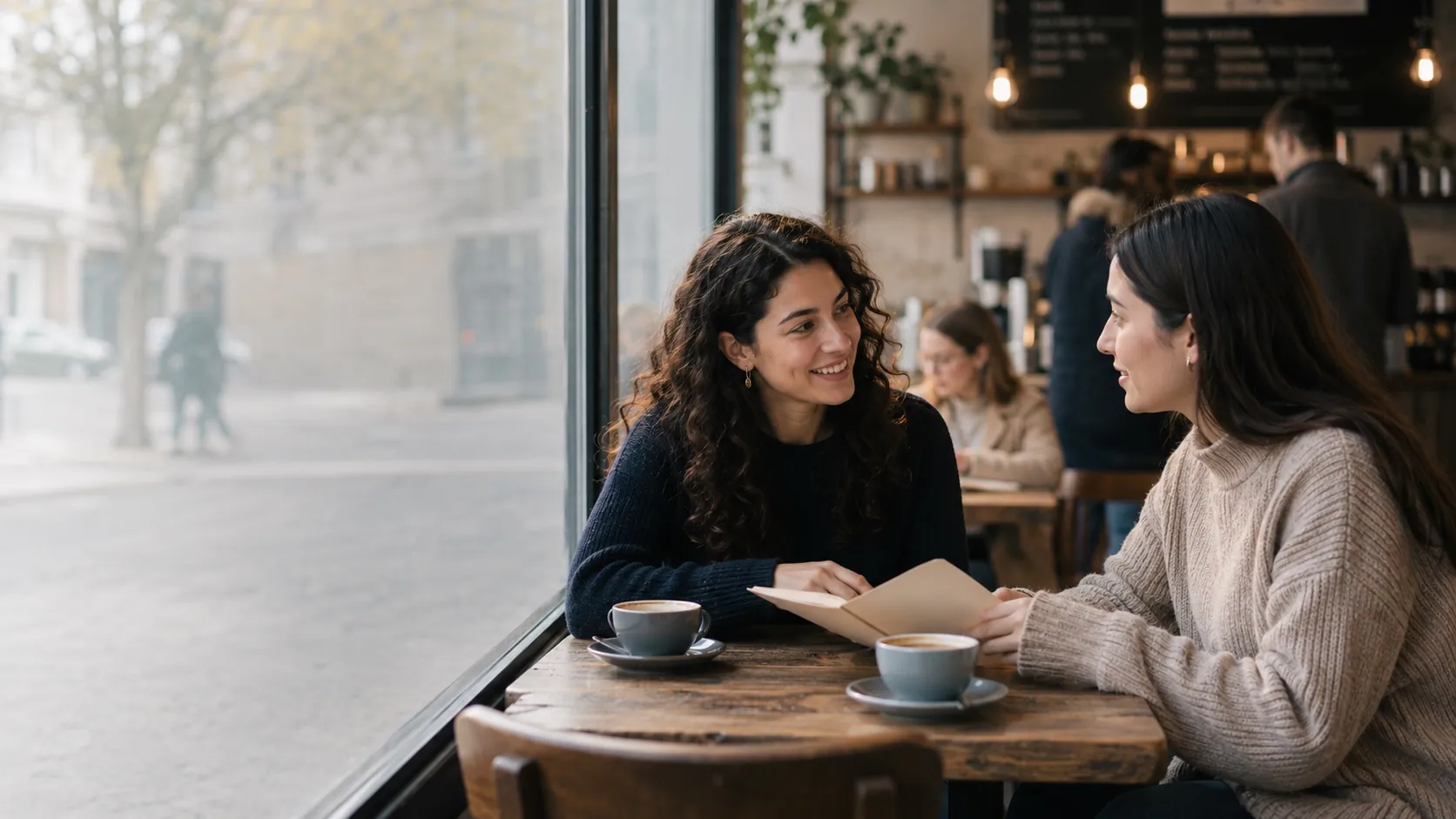 A GSOS host and a newly-arrived student talking warmly over coffee in a bright UK café
