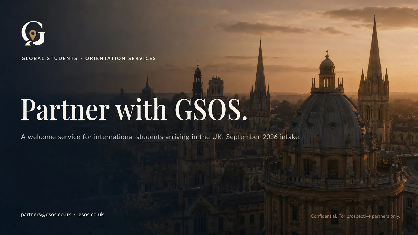 GSOS partner pitch deck cover — a 16:9 slide showing the GSOS logo, the line 'Partner with GSOS' over an Oxford skyline at golden hour