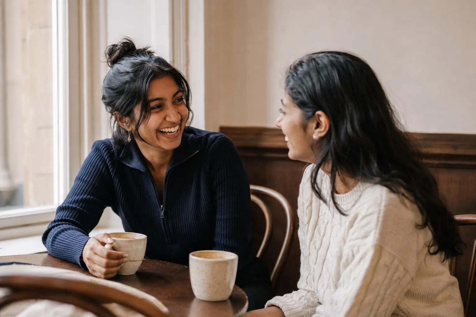 Two students who share a language and culture, talking warmly over coffee