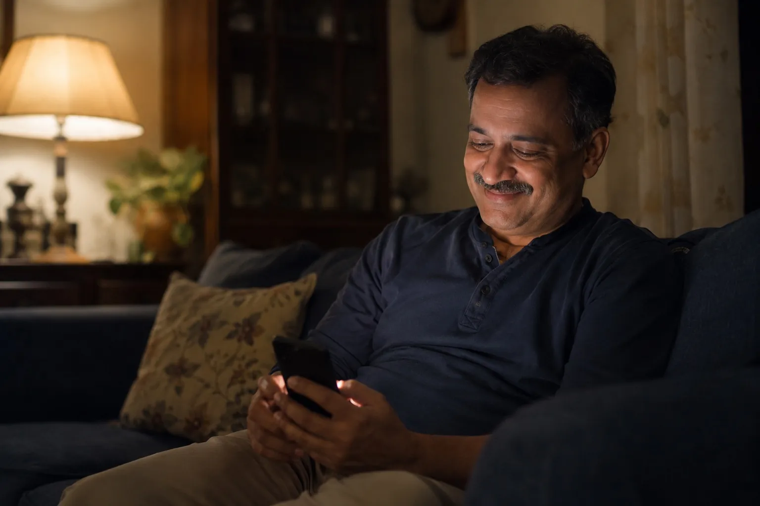 A parent at home reading a message that their child has arrived safely