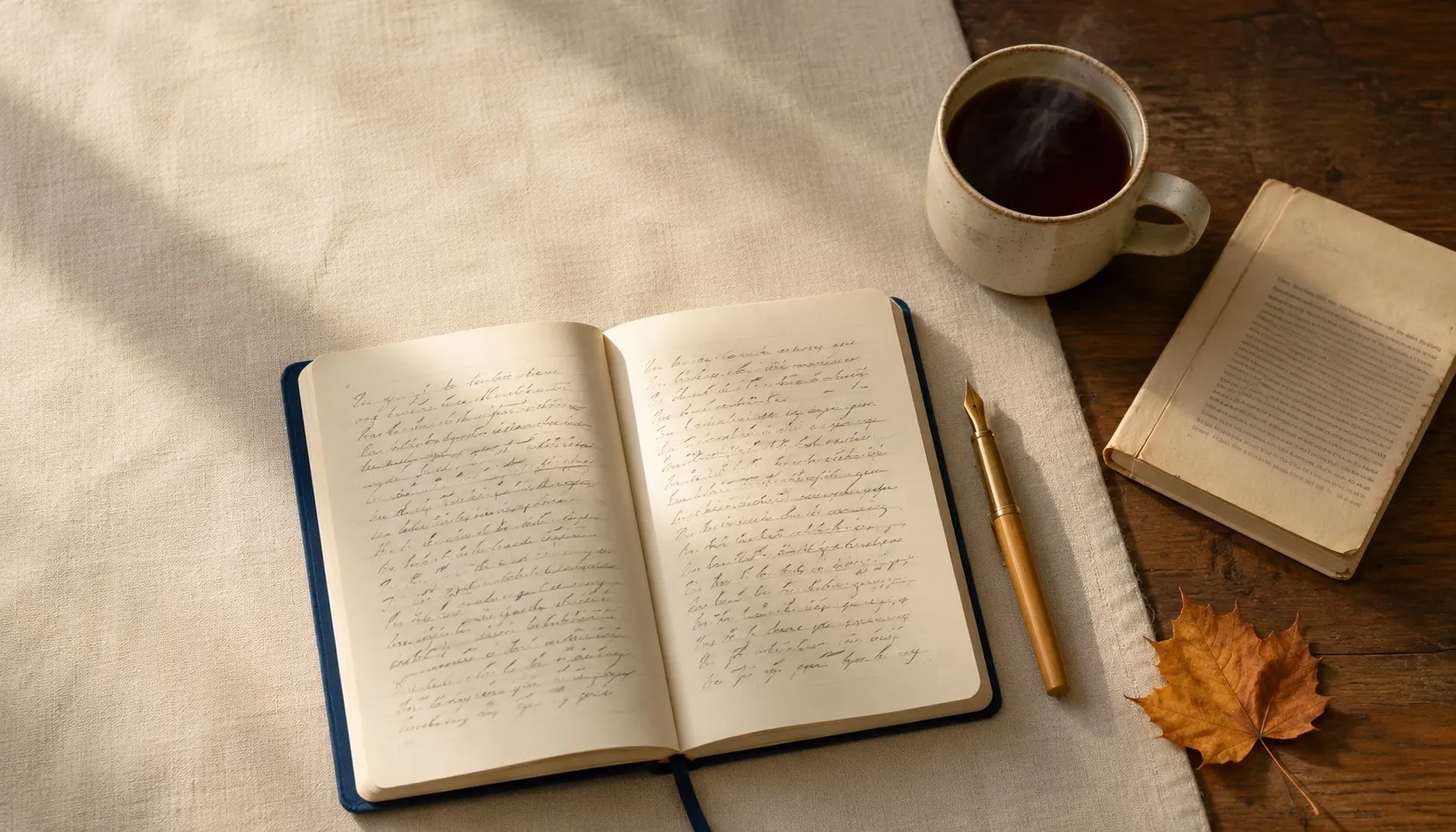 A quiet desk-top still life: an open notebook with handwritten lines, a fountain pen, a cup of black tea, a folded paperback, and a single autumn leaf in soft afternoon light
