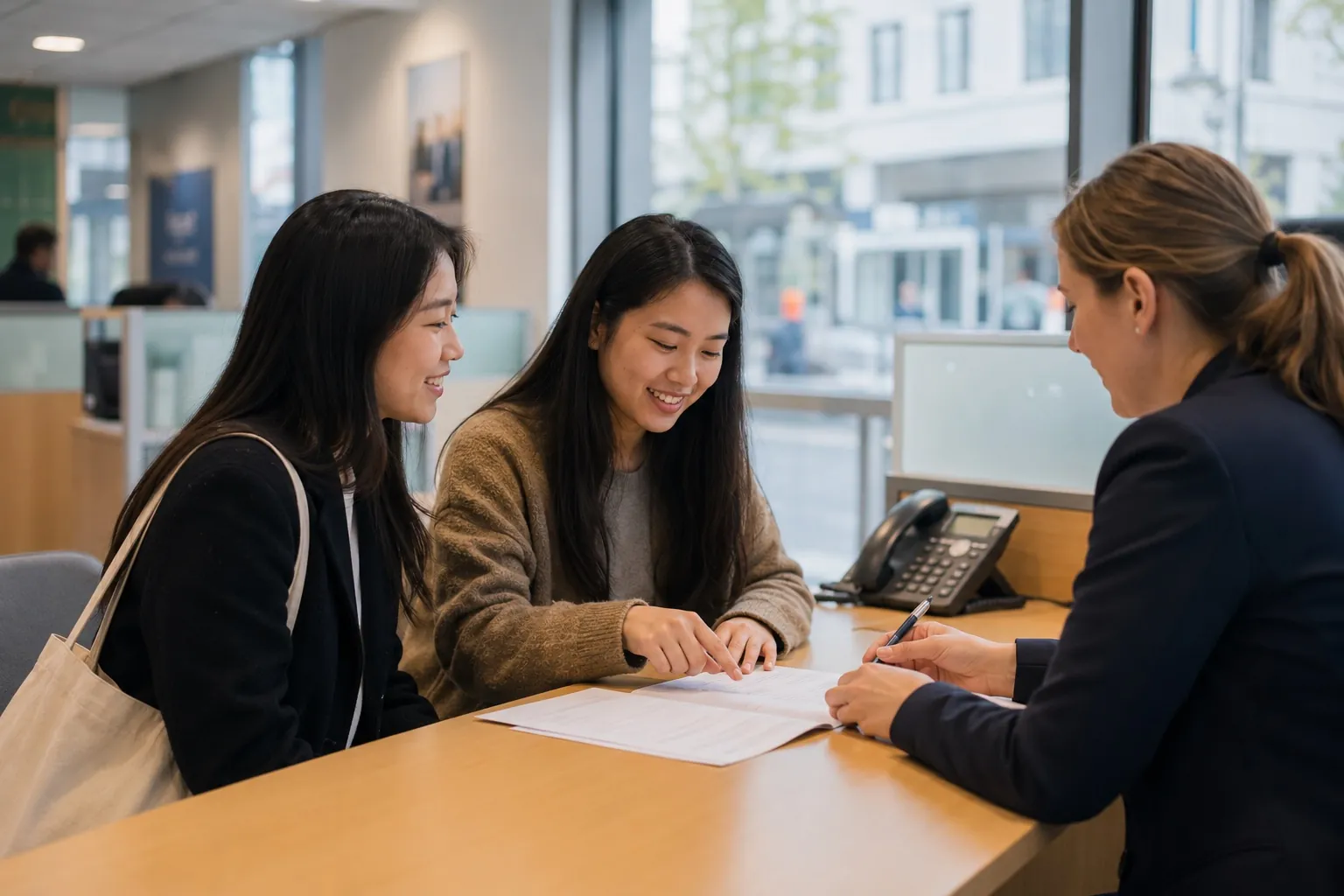 A newly-arrived student opening a UK bank account at a branch desk, a GSOS host beside them helping with the paperwork