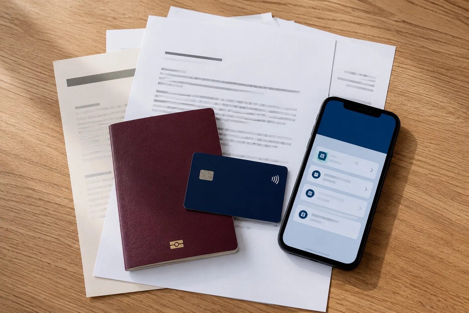 The documents to bring to a UK bank appointment laid on a table — passport, a debit card, a phone showing a banking app, and printed letters