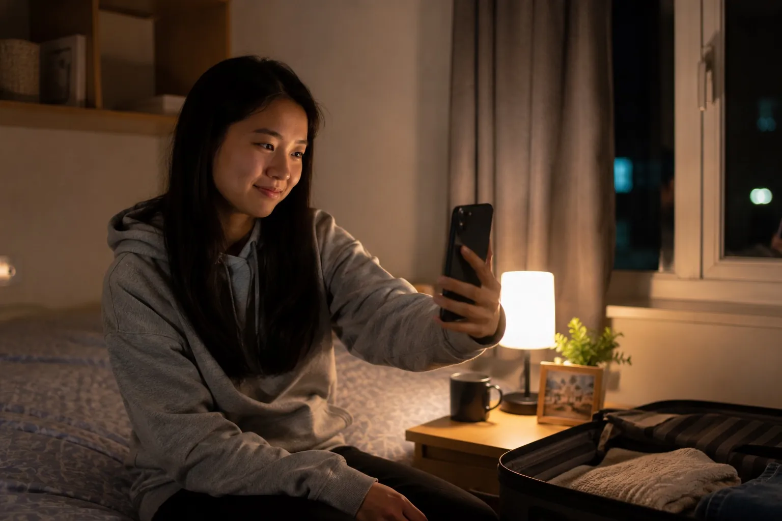 A newly-arrived student sitting on their bed at night, on a video call home by lamp light
