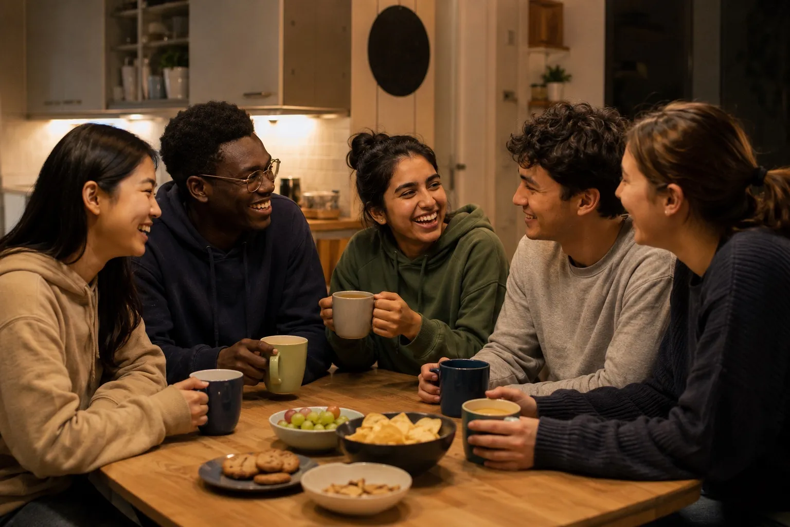 A diverse group of student flatmates laughing together around a kitchen table in shared accommodation