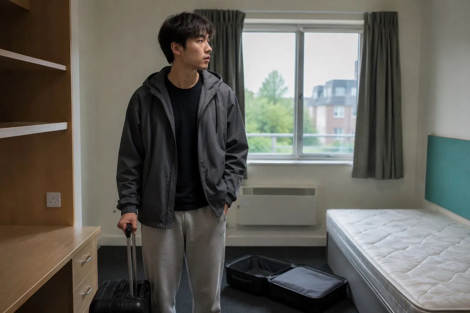 A newly-arrived student standing alone with a suitcase in a bare UK student room
