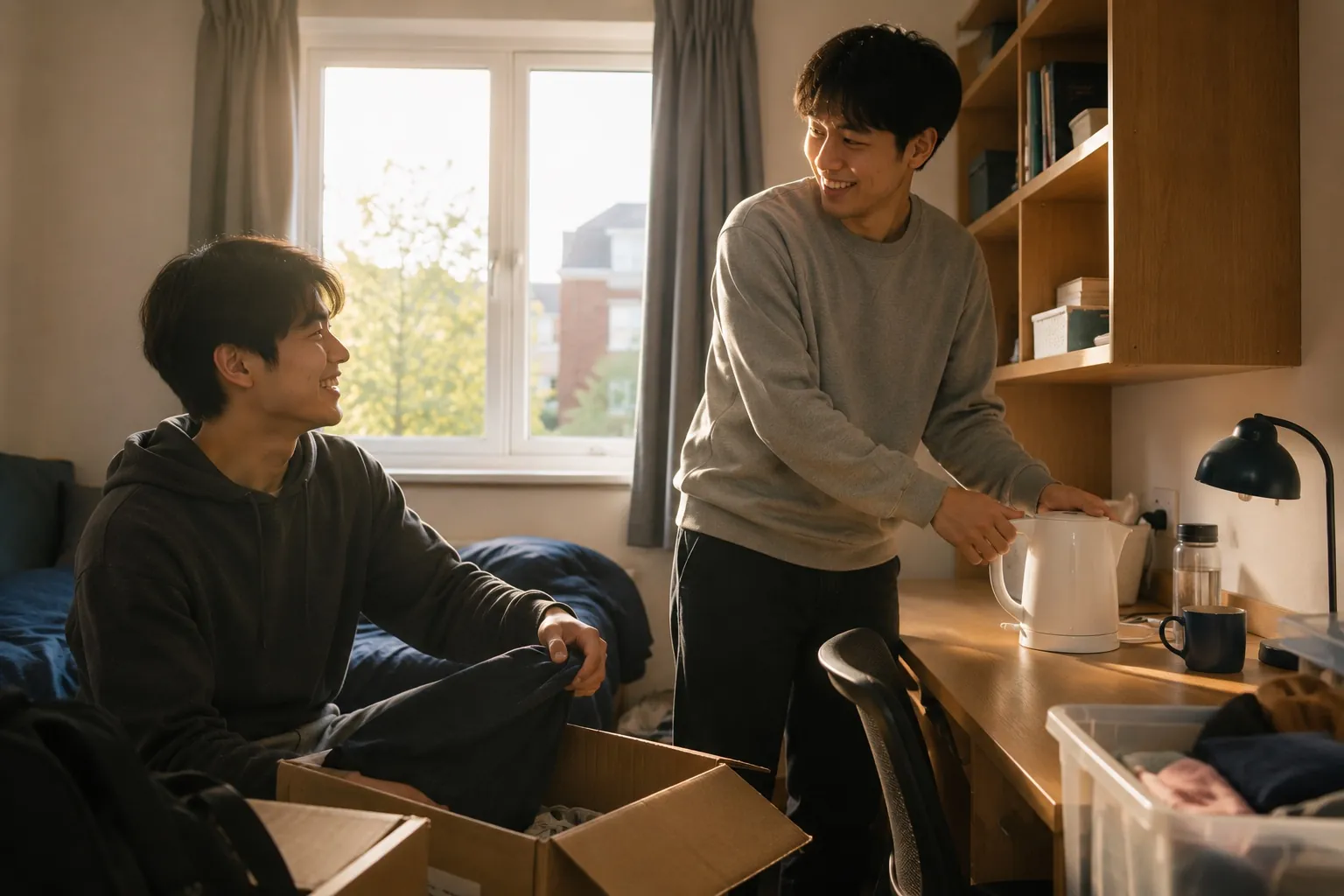 A GSOS host helping a newly-arrived student set up their student room, putting the kettle on