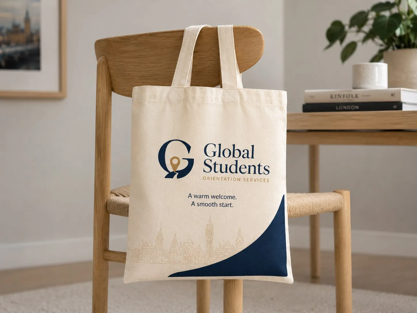 A cream canvas tote bag printed with the Global Students logo, draped over a wooden chair in a warm interior
