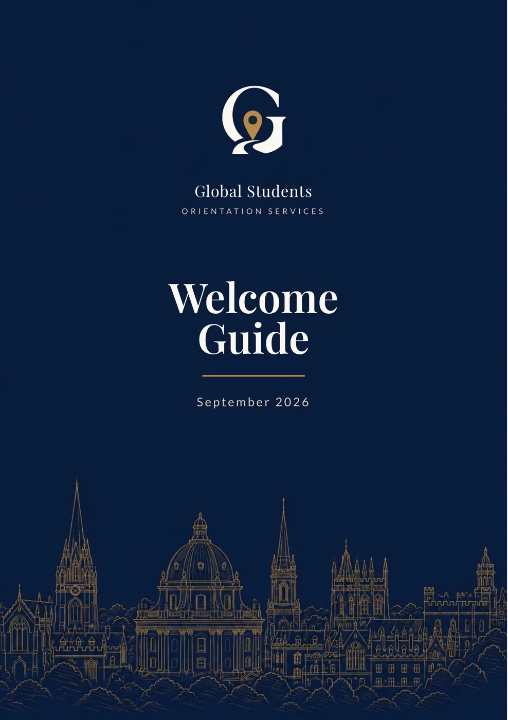The GSOS Welcome Guide booklet cover — a gold line-drawn UK skyline on deep navy, with the cream GSOS monogram above