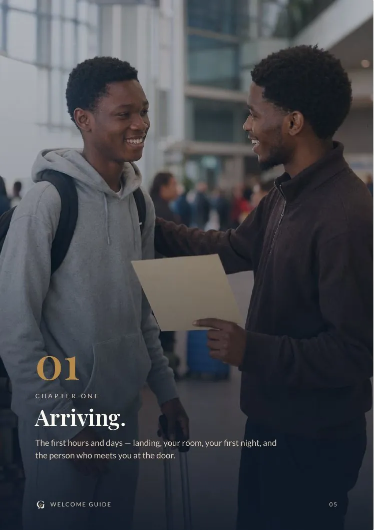Inside the Welcome Guide — the 'Arriving' chapter divider, a full-bleed airport-welcome photo with a gold chapter number